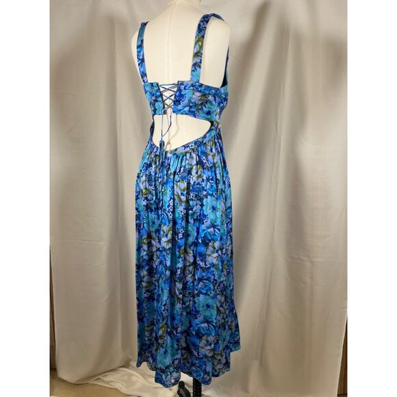 FOR LOVE & LEMONS Astor Midi Dress Blue Floral Sz L Pleated Bust Lace Up Back - Picture 13 of 16